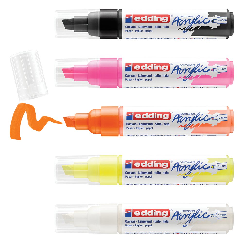 edding 5000 Acrylic Marker Chisel Tip 5-10mm Line Assorted Neon Colours (Pack 5) 4-5000-5