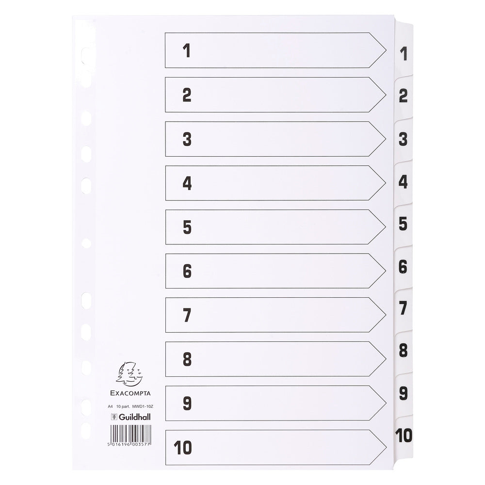 Exacompta Index 1-10 A4 160gsm Card White with White Mylar Tabs - MWD1-10Z