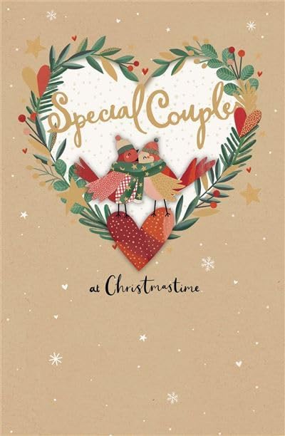 UK Greetings Special Couple Christmas Card - Robins in Love Heart Wreath Embossed with Foil and Decoupage Embellishments - Eco-Friendly