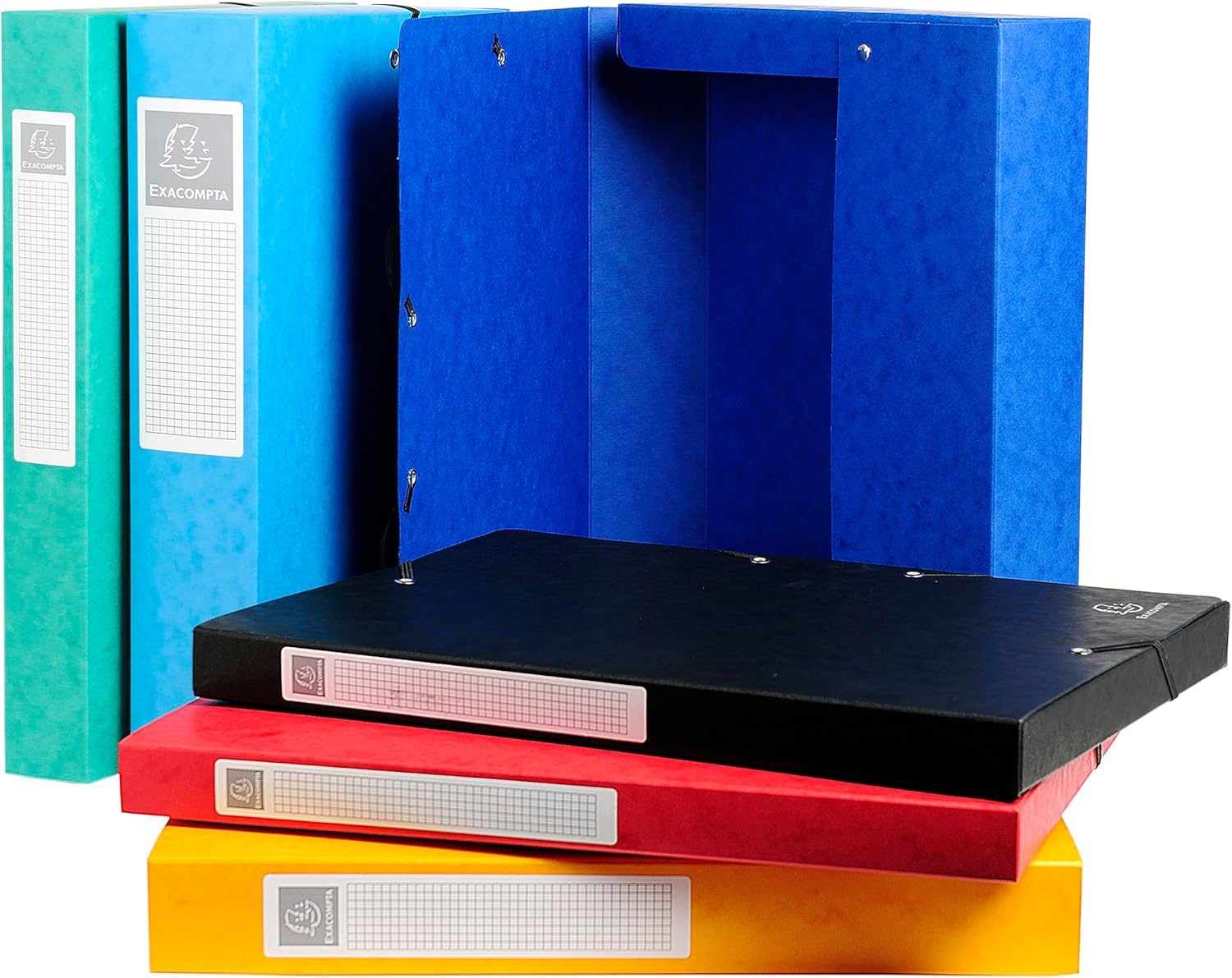 Exacompta elasticated filing archive box in assorted colors, 270x340mm, 25mm spine, 600gsm premium pressboard for office archiving.