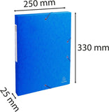 Exacompta elasticated filing archive box in assorted colors, 270x340mm size, 25mm spine, 600gsm pressboard for office archiving.