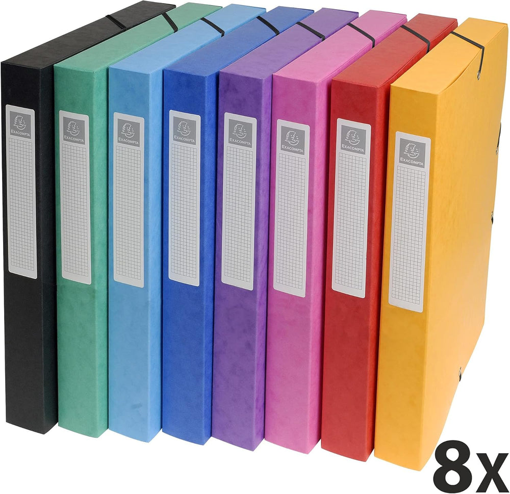 Exacompta elasticated filing archive box in assorted colors, 270x340mm size, 25mm spine, 600gsm pressboard, pack of 8.