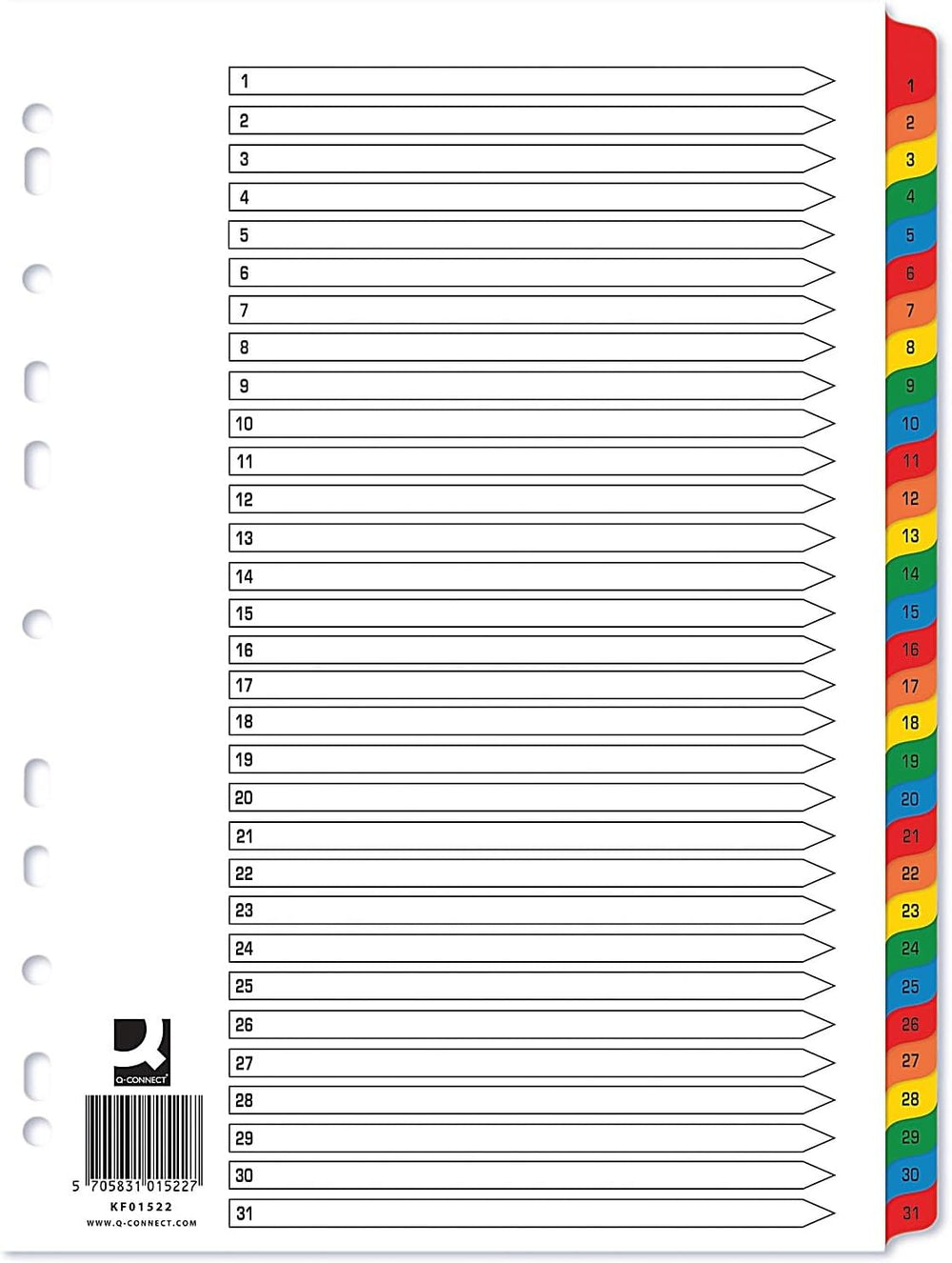 VW A4 White Index Multi-punched Reinforced Board Multi-Colour 1-31 Numbered Tabs – Bulk Wholesale UK