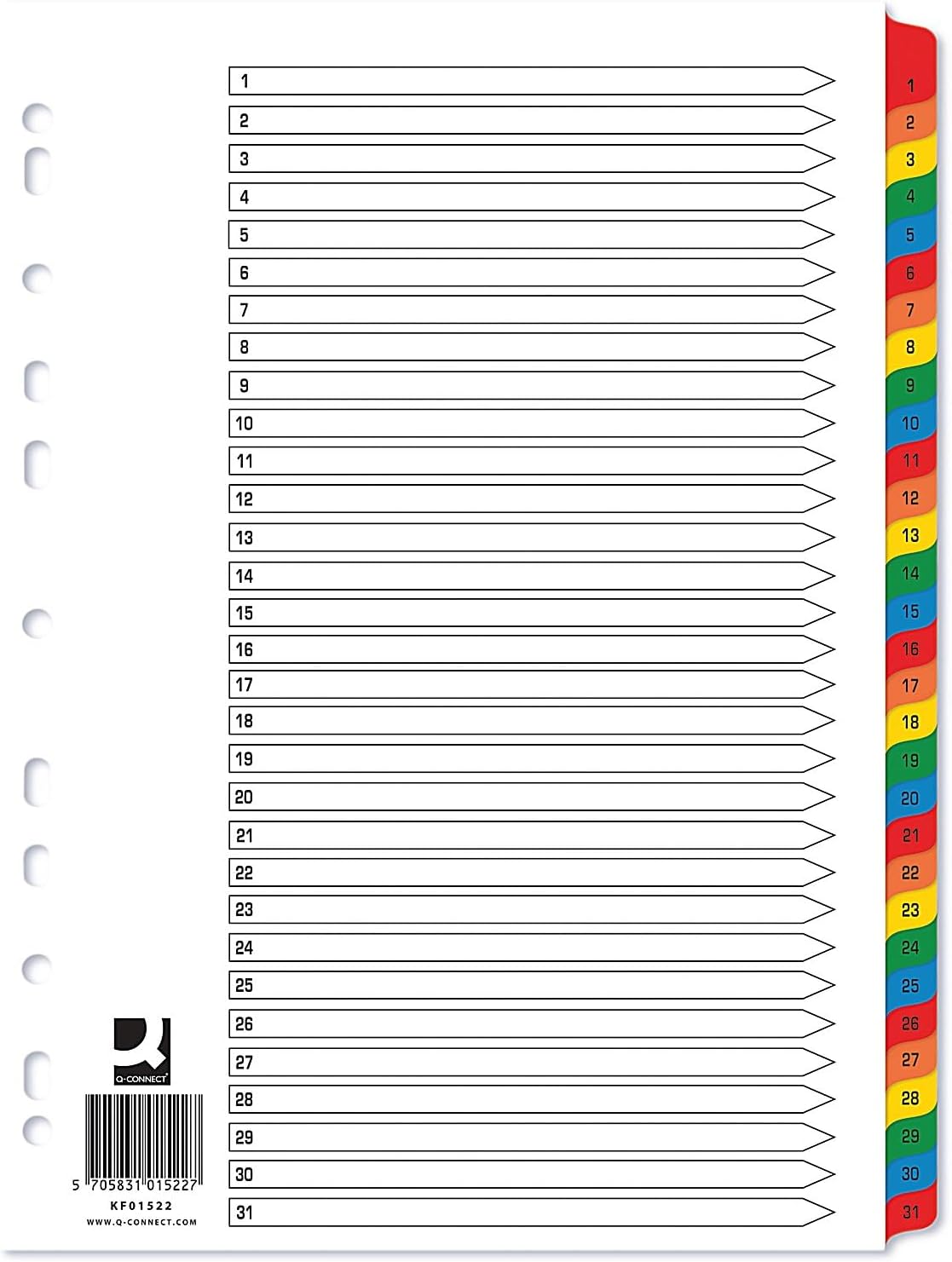 VW A4 White Index Multi-punched Reinforced Board Multi-Colour 1-31 Numbered Tabs – Bulk Wholesale UK
