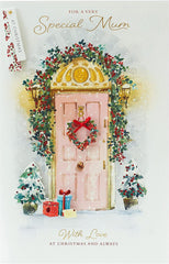 Pretty Pink Christmas Door Lovely Mum Christmas Card – Festive Elegant Design