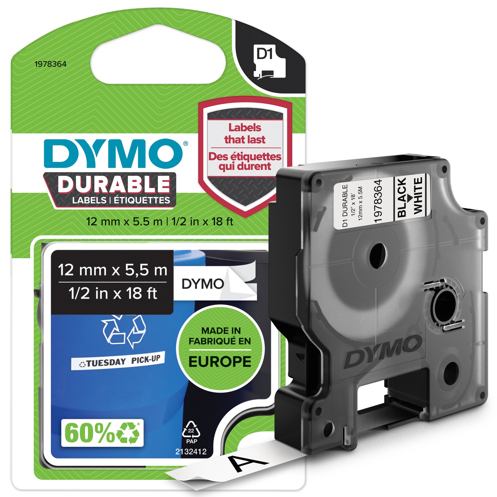 Dymo D1 Label Tape Durable 12mmx5.5m Black on White - 1978364