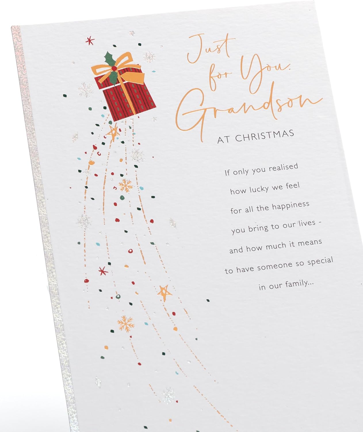 Festive Christmas Card for Grandson – Present & Snowflake Illustration