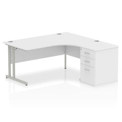 Dynamic Impulse 1600mm Right Crescent Desk White Top Silver Cantilever Leg Workstation 600mm Deep Desk High Pedestal Bundle I000550 DD