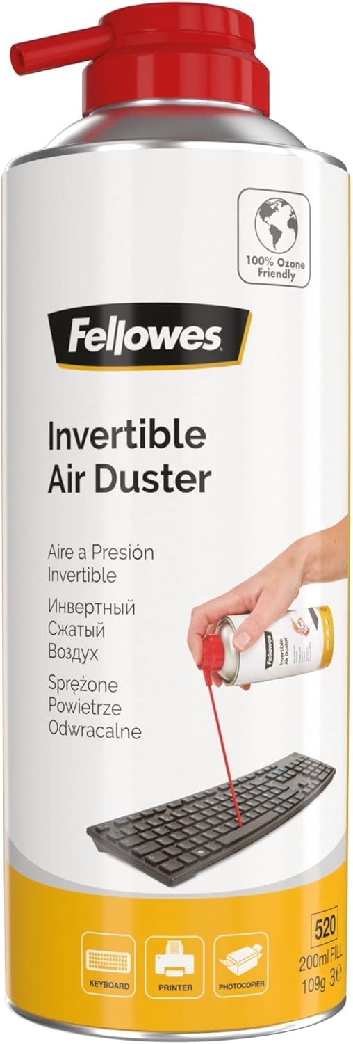 Fellowes 200ml invertible air duster for office cleaning, showing the ergonomic can with spray nozzle and label.