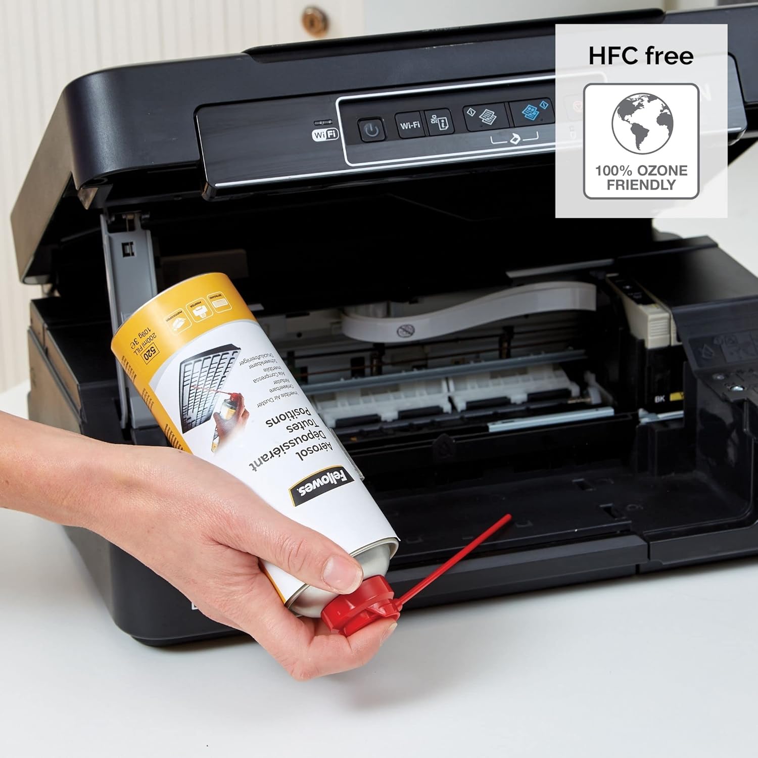 Fellowes 200ml invertible air duster shown upright, used for cleaning dust from office electronics and keyboards.