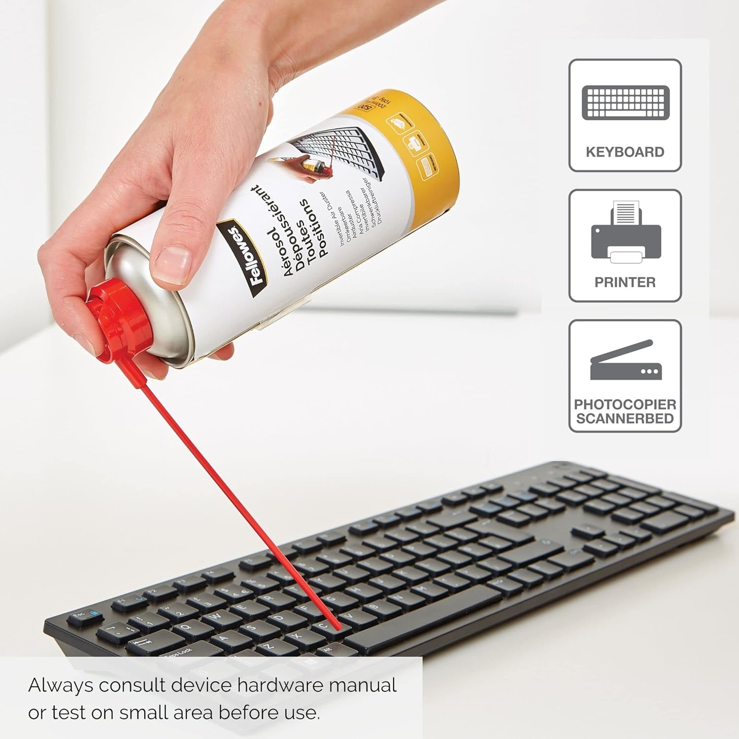 Fellowes 200ml invertible air duster for cleaning electronics and office equipment, featuring a compact design and easy spray action.