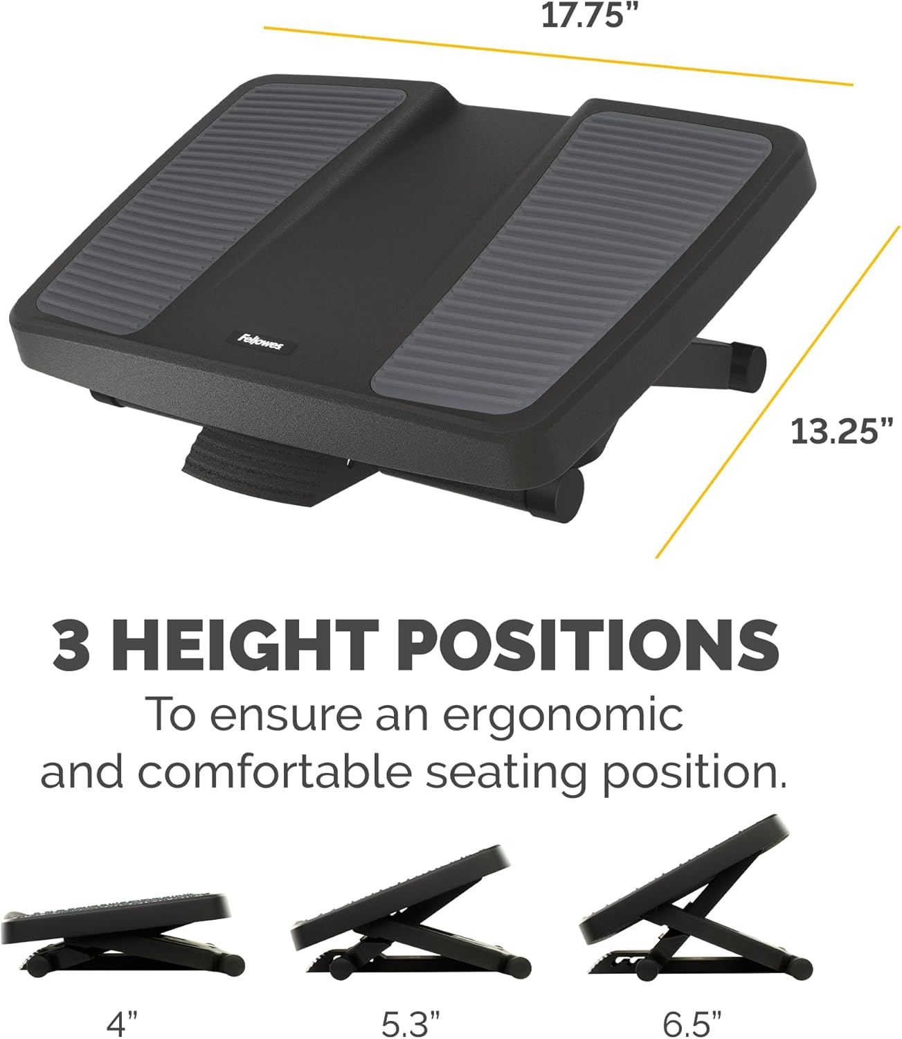 Fellowes Professional Series ergonomic under desk foot rest in black with adjustable height and massage surface for comfort.