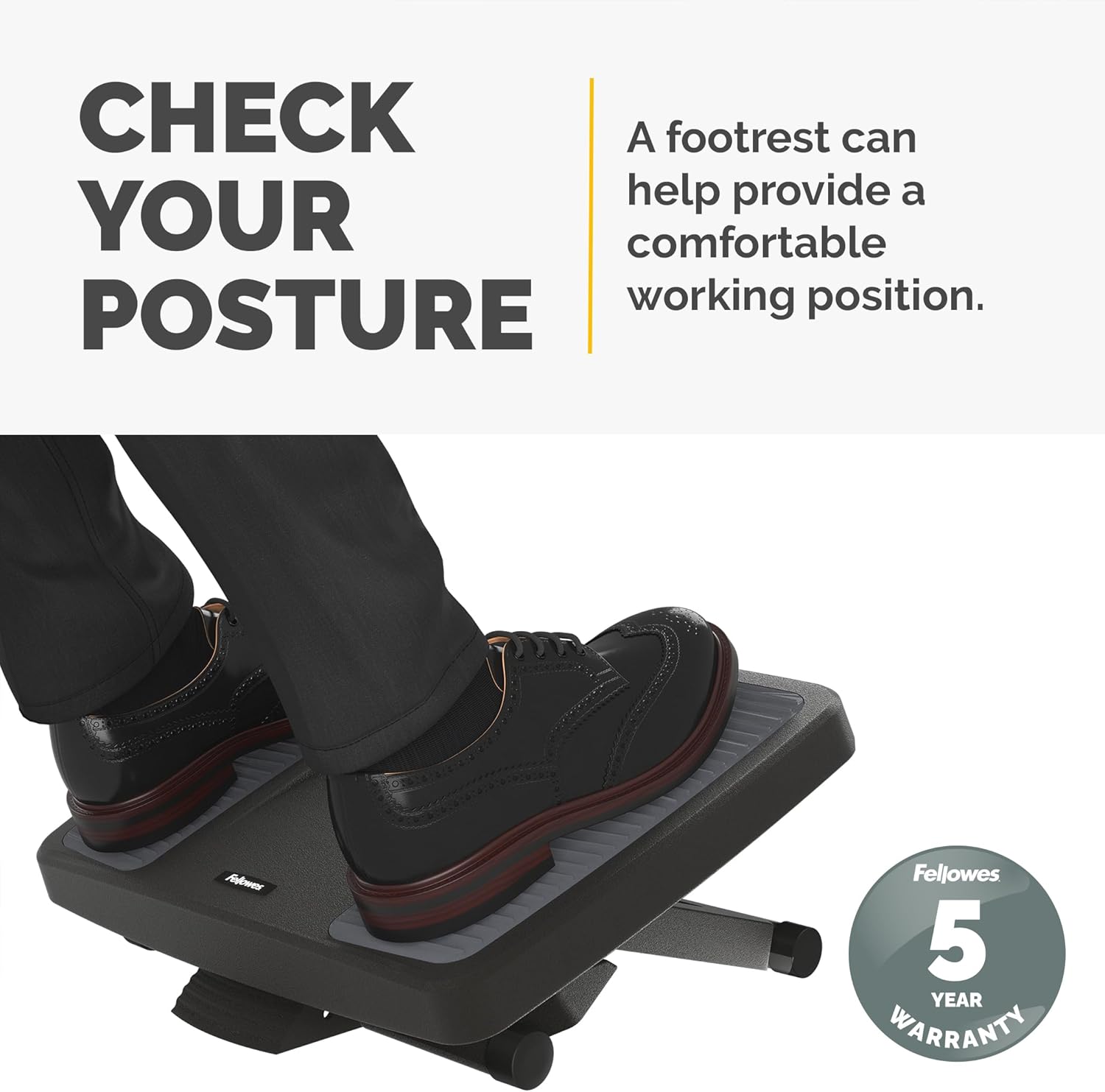 Fellowes Professional Series ergonomic under desk foot rest with adjustable height and massage surface in black.