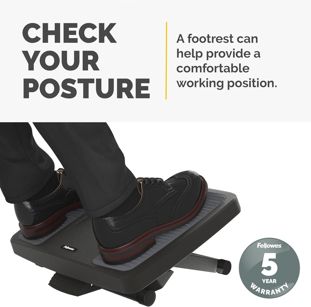 Fellowes Professional Series ergonomic under desk foot rest with adjustable height and massage surface in black.