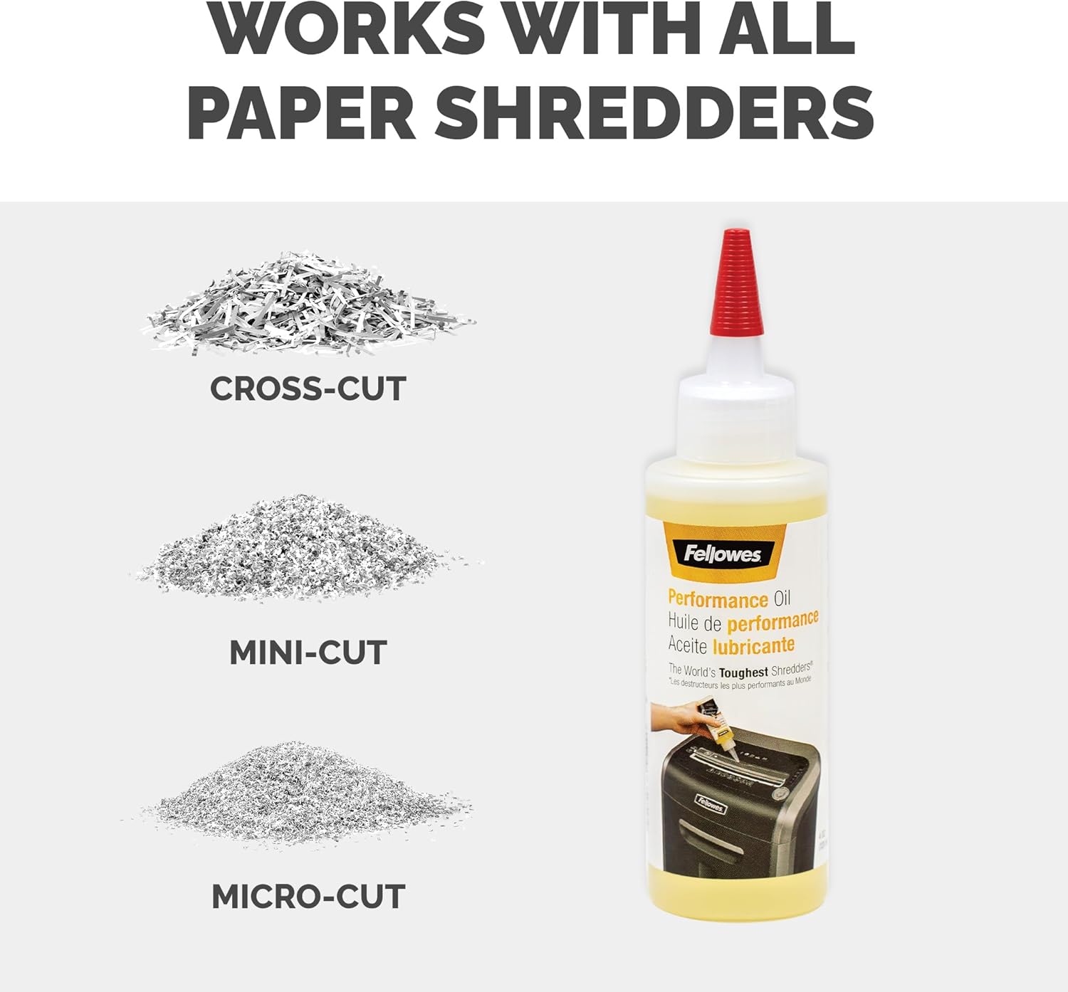 Fellowes Shredder Oil 120ml bottle, lubricant for micro-cut and cross-cut paper shredders, office supplies accessory.