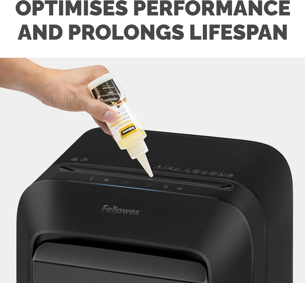 Fellowes Shredder Oil 120ml bottle for lubricating micro-cut and cross-cut paper shredders in office use.