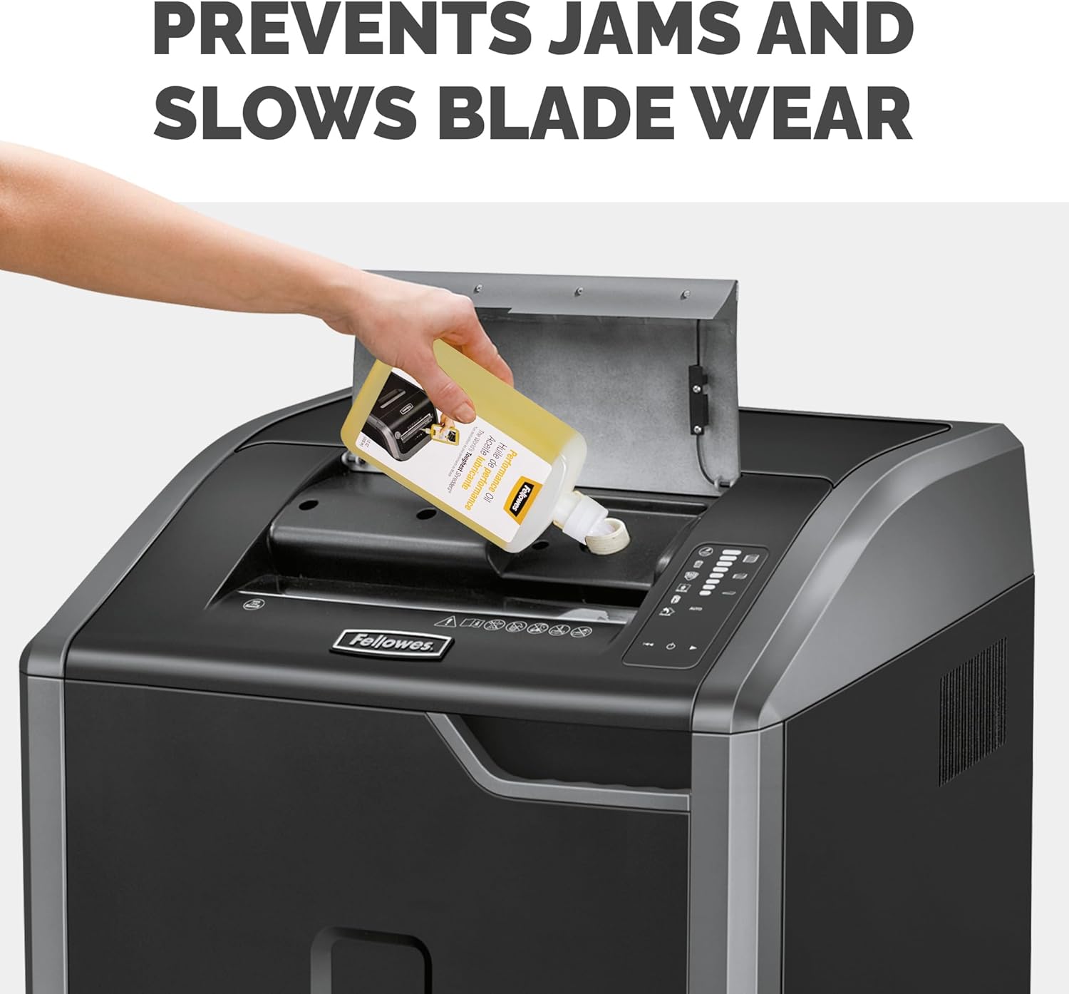 Fellowes shredder oil 355ml bottle, used for lubricating micro-cut and cross-cut paper shredders in office settings.