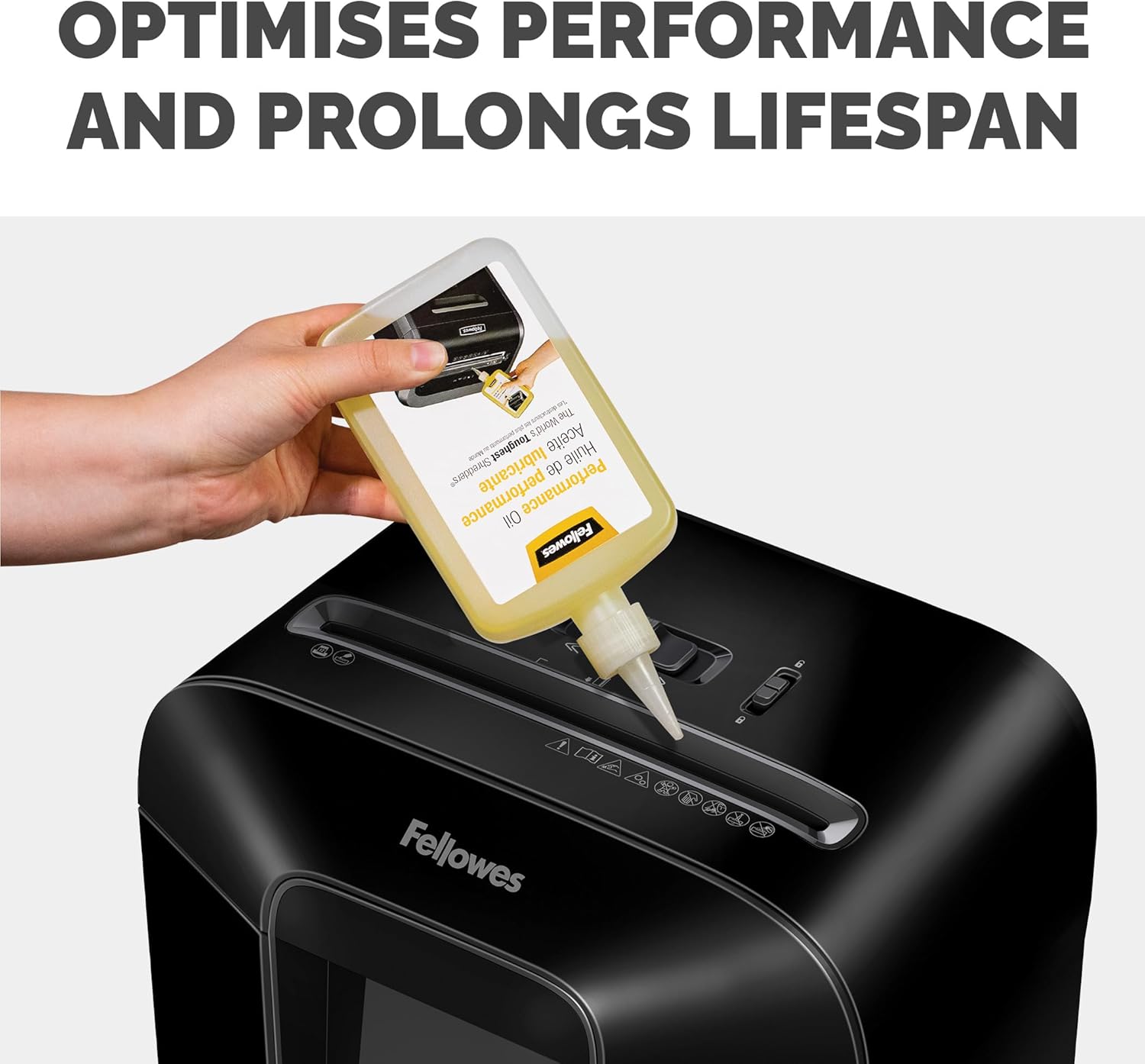 Fellowes Shredder Oil 355ml bottle for lubricating micro-cut and cross-cut paper shredders in office supplies.
