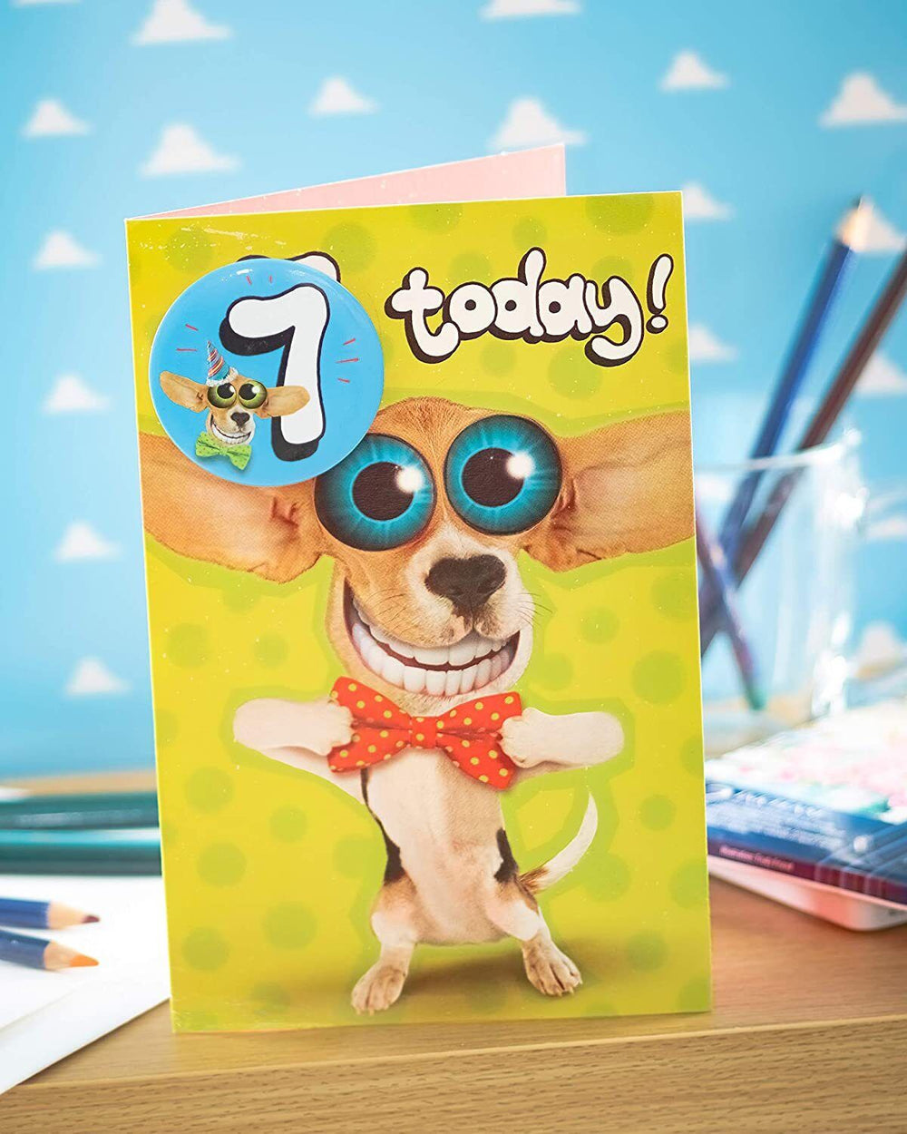 Dog with Big Eyes 7th Birthday Card with Badge