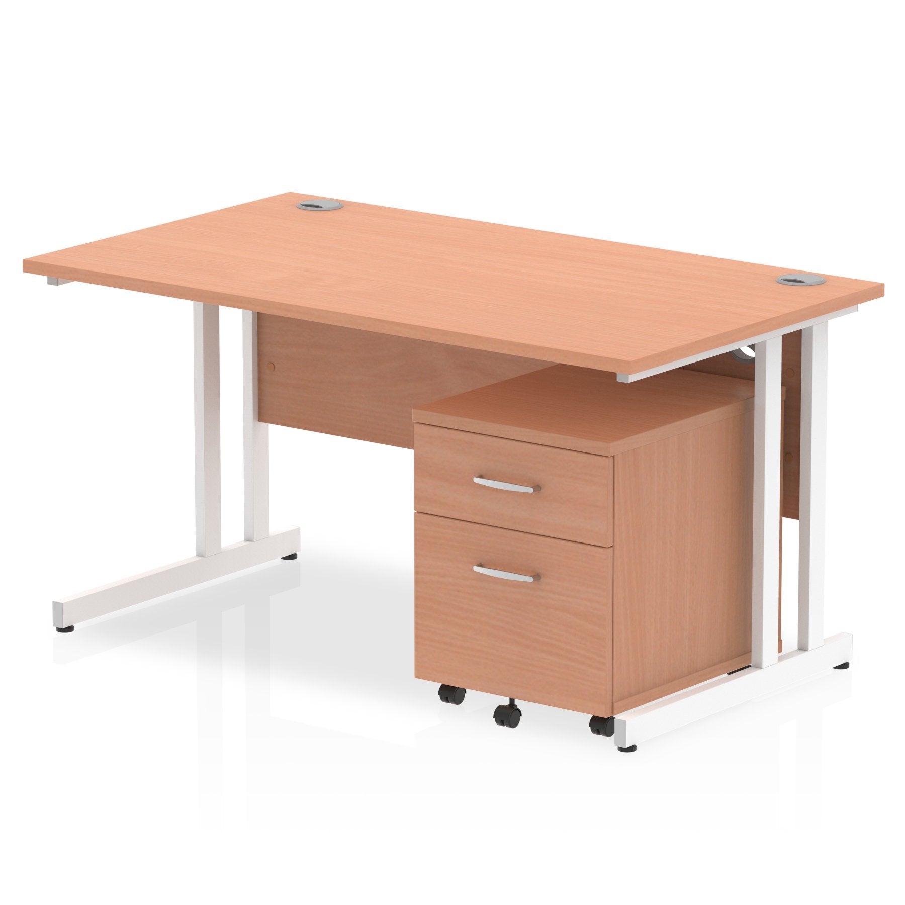 Impulse Cantilever Straight Office Desk W1400 x D800 x H730mm Beech Finish White Frame With 2 Drawer Mobile Pedestal - I003908 DD