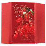 Festive Figure Holding Christmas Greeting Card with Seasonal Design and Warm Wishes