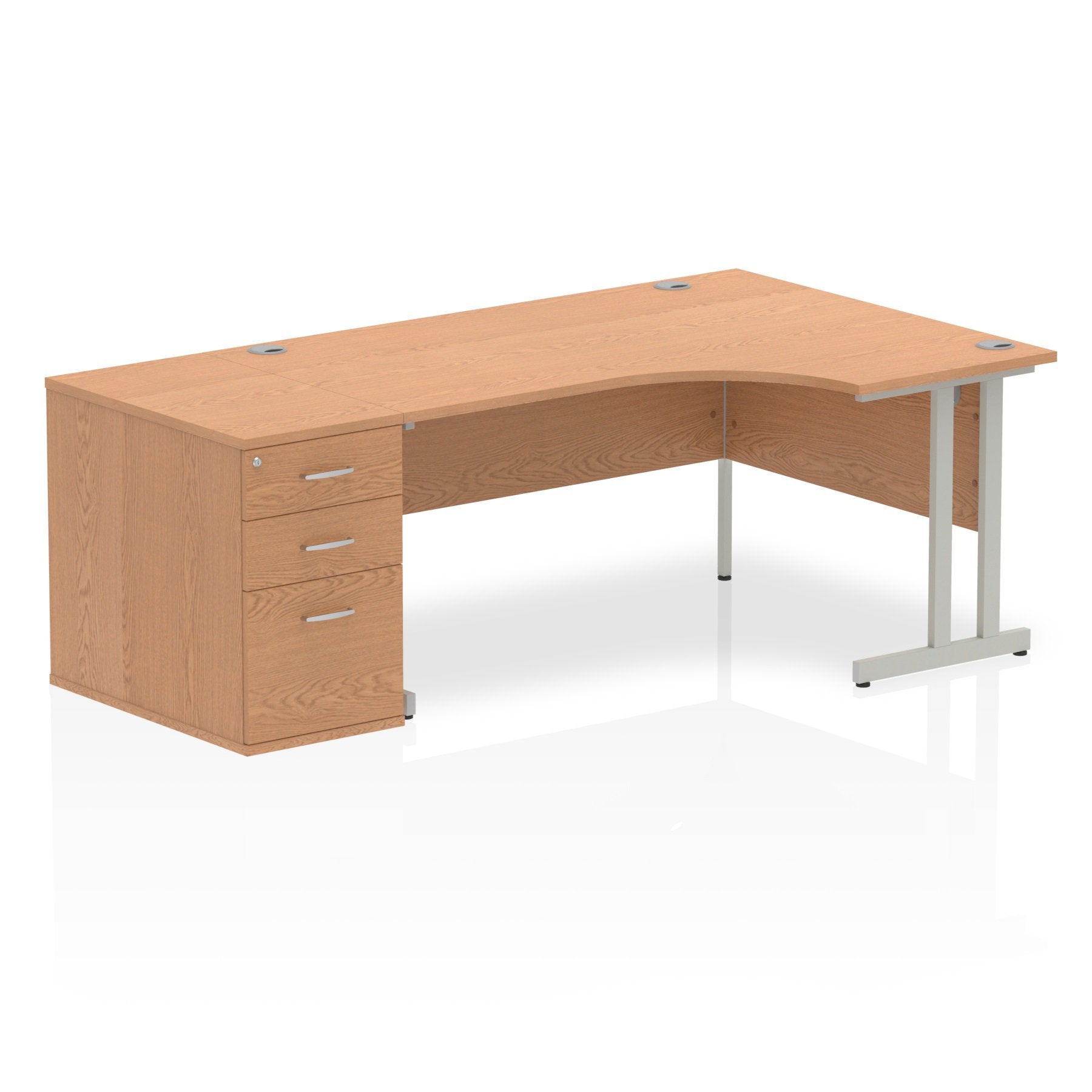 Dynamic Impulse 1600mm Right Crescent Desk Oak Top Silver Cantilever Leg Workstation 800mm Deep Desk High Pedestal Bundle I000877 DD