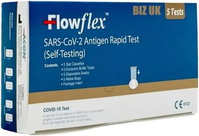 Flowflex Covid-19 Rapid Test Kit for health and wellness, showing test components and packaging.