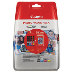Canon CLI551 Black Cyan Magenta Yellow Standard Capacity Ink Multipack 4 x 7ml (Pack 4) + 50 Sheets 10 x 15cm Photo Paper Value Pack - 6508B005