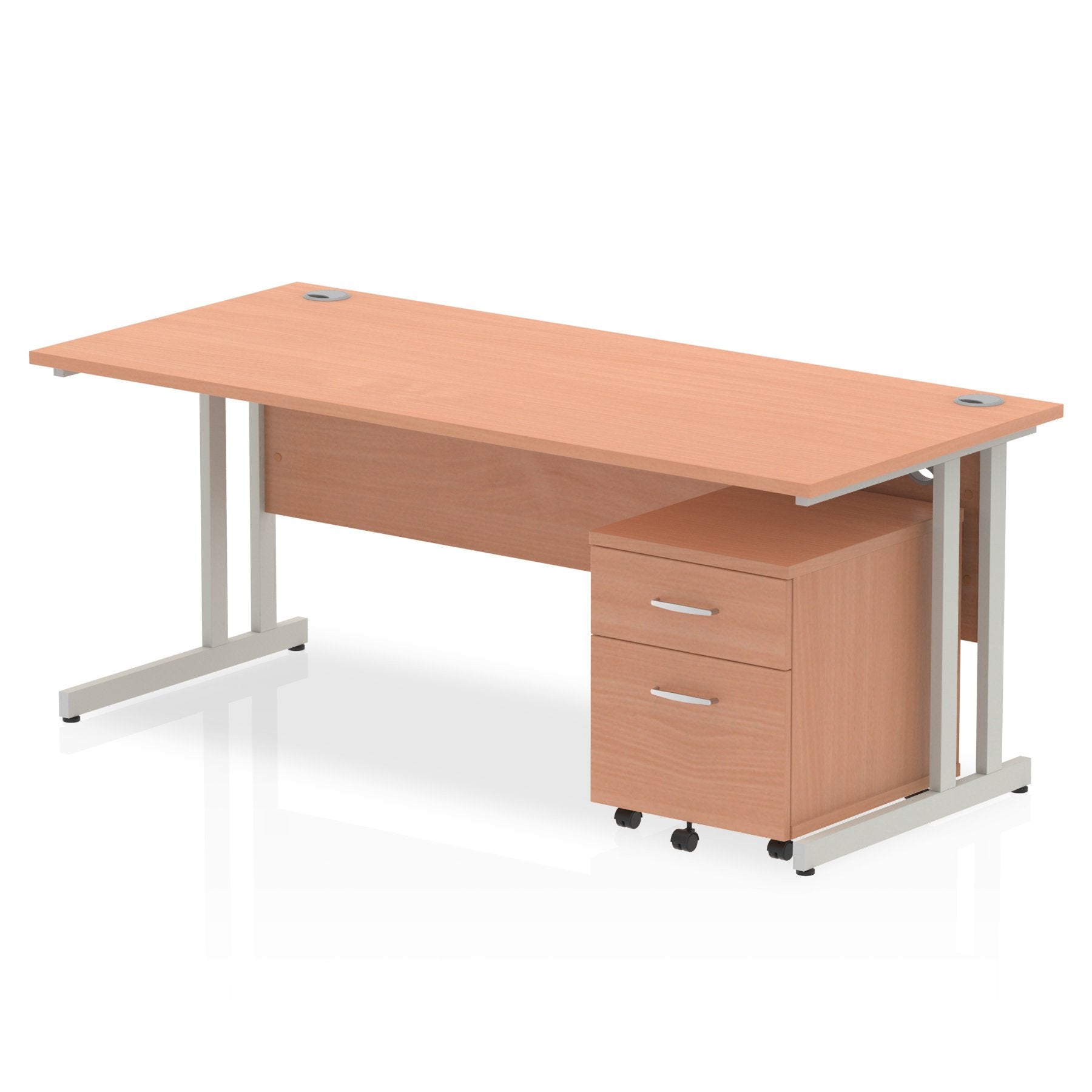 Impulse Cantilever Straight Office Desk W1800 x D800 x H730mm Beech Finish Silver Frame With 2 Drawer Mobile Pedestal - MI000953 DD