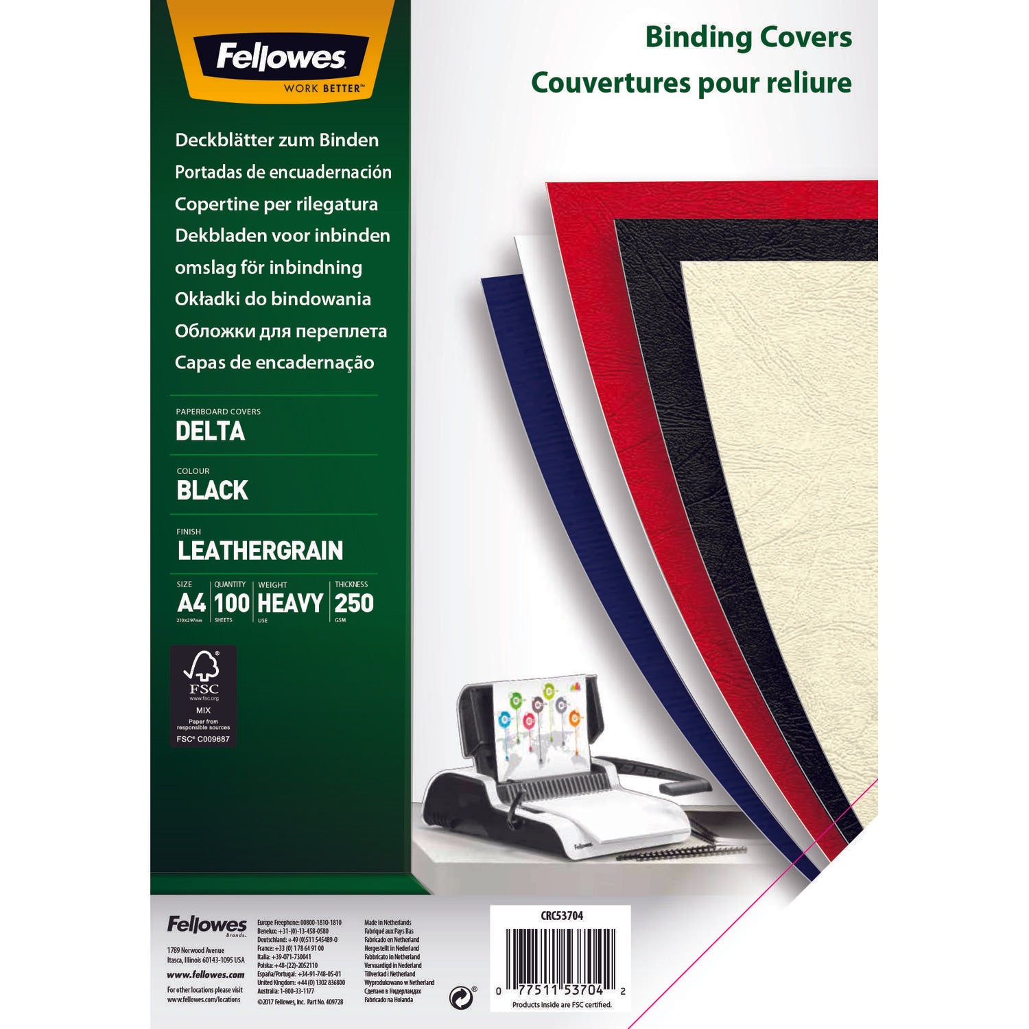 Fellowes Binding Cover Delta Leathergrain A4 250gsm Black (Pack 100) - 5370405