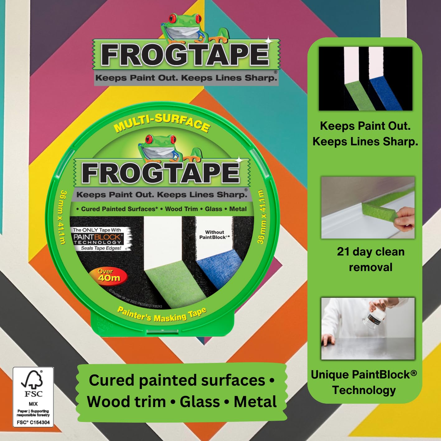 Green Frog Tape painter's masking tape for multi-surface indoor painting, designed for sharp lines and clean decorating results.