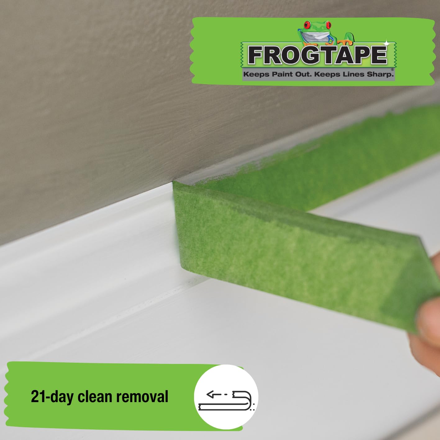 Green Frog Tape for multi-surface indoor painting, showing the tape applied with sharp lines and clean edges for decorating projects.