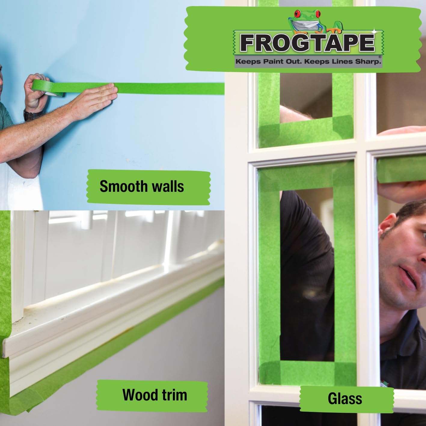 Green Frog Tape painter's masking tape for indoor surfaces, designed for sharp lines and clean paint edges in decorating projects.