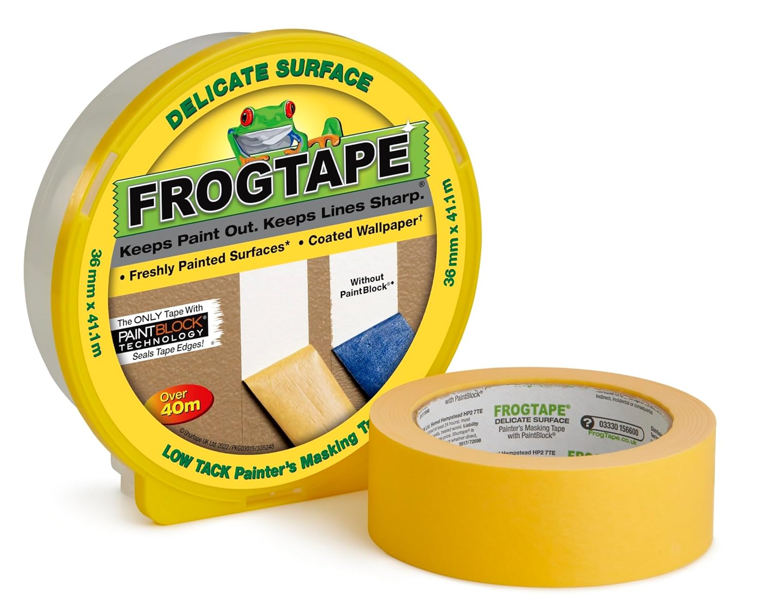 Yellow Frog Tape for indoor painting, 35mm x 41.1m, DIY and decorating supplies, ideal for precise paint lines and masking.