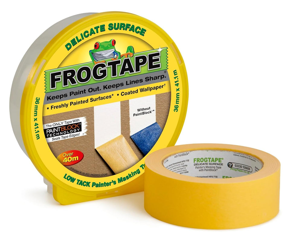 Yellow Frog Tape for indoor painting, 35mm x 41.1m, DIY and decorating supplies, ideal for precise paint lines and masking.