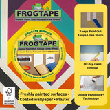 Yellow Frog Tape for indoor painting, 35mm x 41.1m, DIY decorating supplies, with tape roll and surface ready for painting.