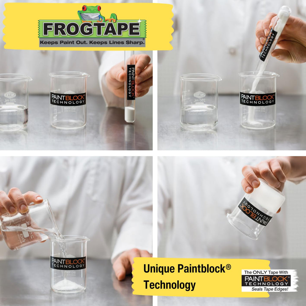 Yellow Frog Tape for indoor painting, 35mm x 41.1m, used for DIY decorating projects, shown partially unrolled on a surface.