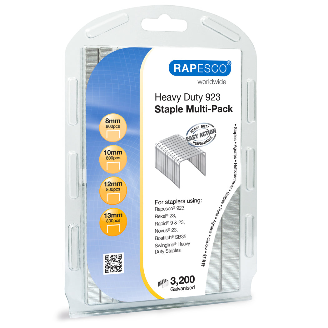 Rapesco 923 Galvanised Staples Multi-Pack of 8mm 10mm 12mm and 13mm (Pack 3200) - 1246