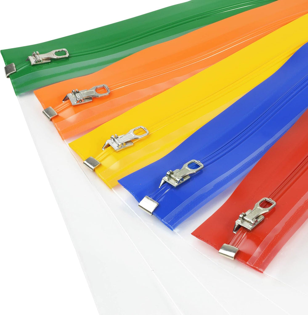 Rapesco Zippi Bag with Metal Zip, A4+, Clear with Assorted Bright Coloured Zip Strips (Pack 5)