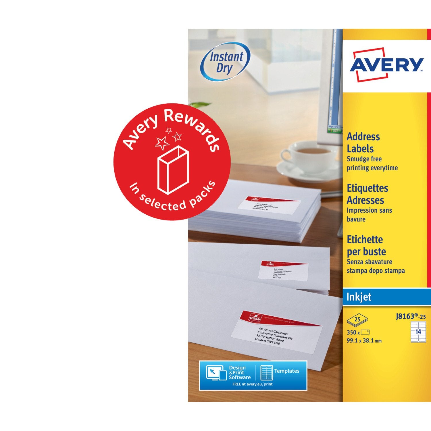Avery Inkjet Address Label 99.1x38.1mm 14 Per A4 Sheet White (Pack 350 Labels) J8163-25