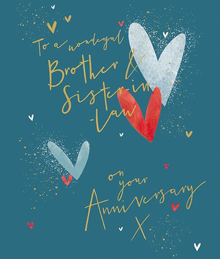 Brother and sister-in-law anniversary greeting card with romantic hearts design, celebrating love and special occasions.