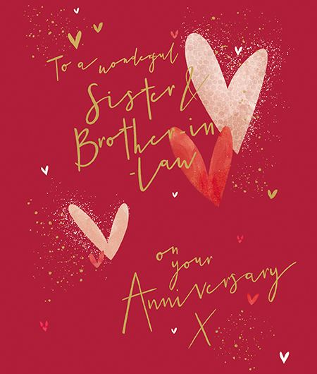 Sister and brother-in-law anniversary greeting card with red hearts and romantic design from GBCC, perfect for celebrating love.