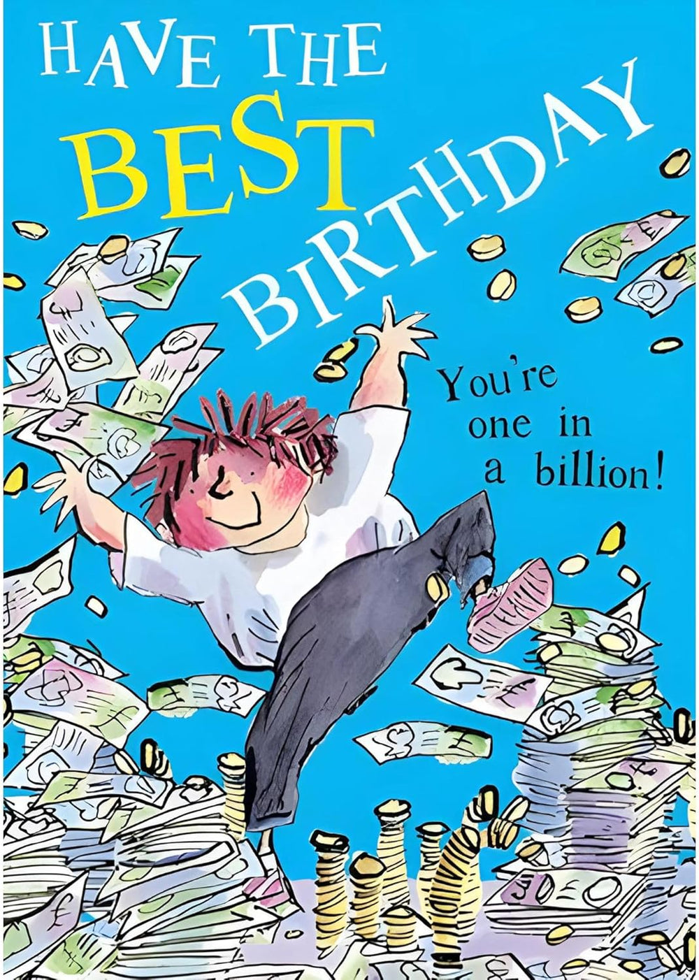 Boy's birthday greeting card featuring David Walliams Billionaire Boy design, with "You're One in a Billion" message, by GBCC.
