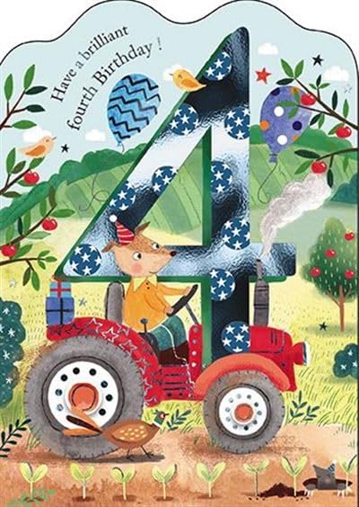 Boys 4th birthday greeting card by GBCC featuring a dog in a tractor with balloons and a shiny foil finish.