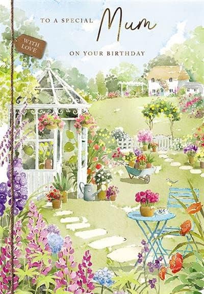 GBCC special mum birthday greeting card featuring a sunny floral garden design with foil embellishments, eco-friendly and recyclable.