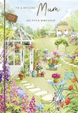 GBCC special mum birthday greeting card featuring a sunny floral garden design with foil embellishments, eco-friendly and recyclable.