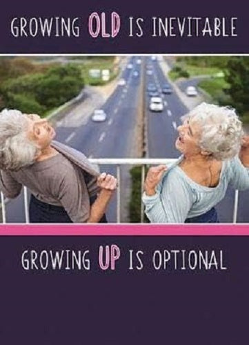 Humorous female birthday greeting card by GBCC featuring a playful design with the message "Growing Up Is Optional."