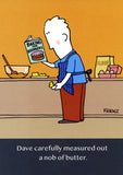 Funny baking birthday card for him by GBCC, featuring cheeky "nob of butter" humor on a humorous greeting card.