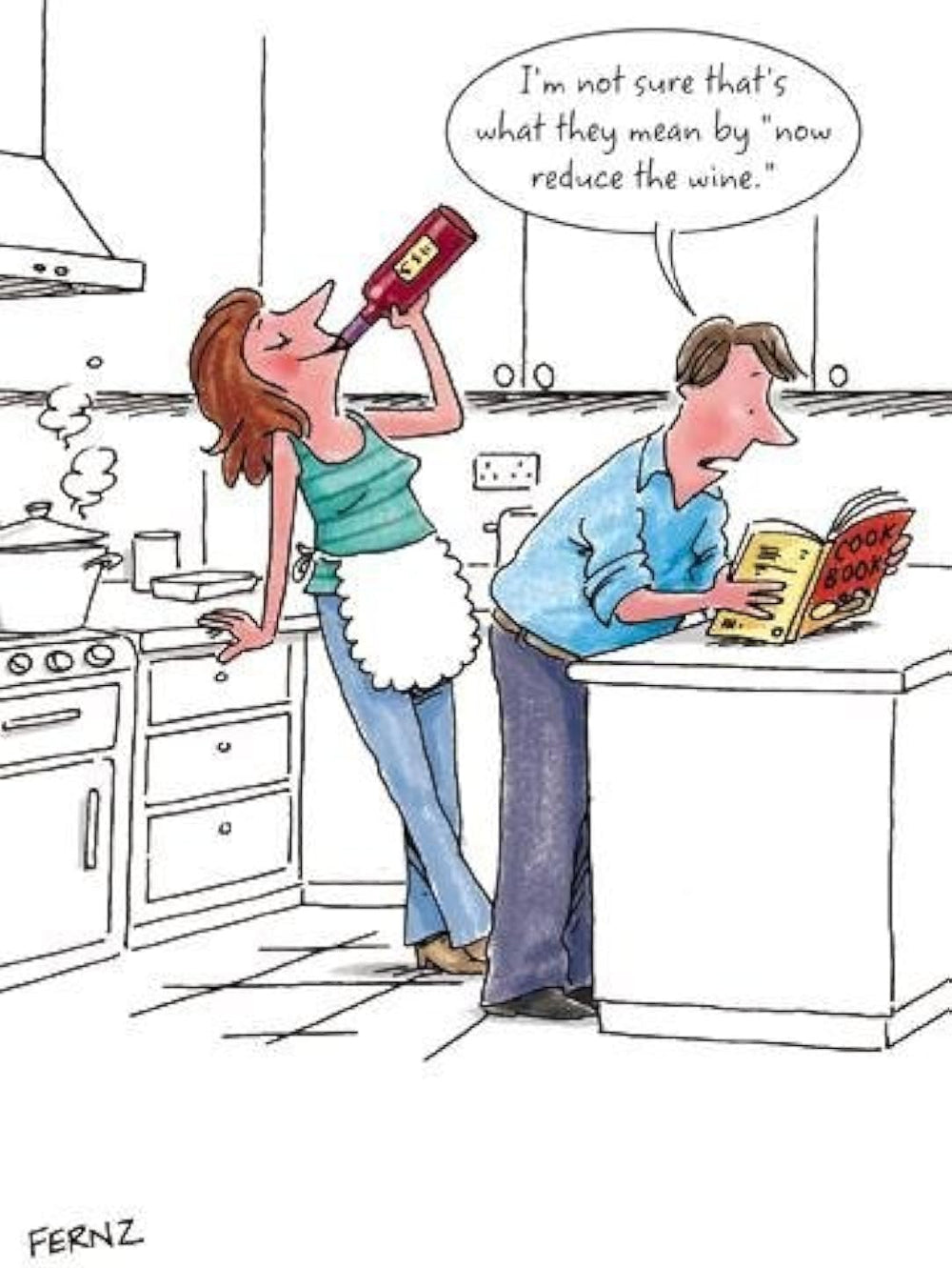 Humour Birthday greeting card by GBCC featuring a couple cooking with the message "Reduce the Wine," humorous adult birthday card.