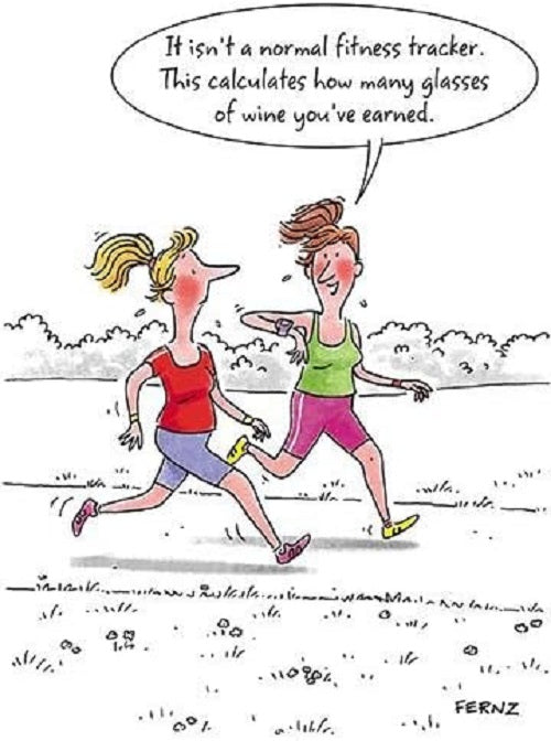 Humorous Wine Fitness Tracker birthday greeting card by GBCC featuring a playful design with wine and fitness themes.